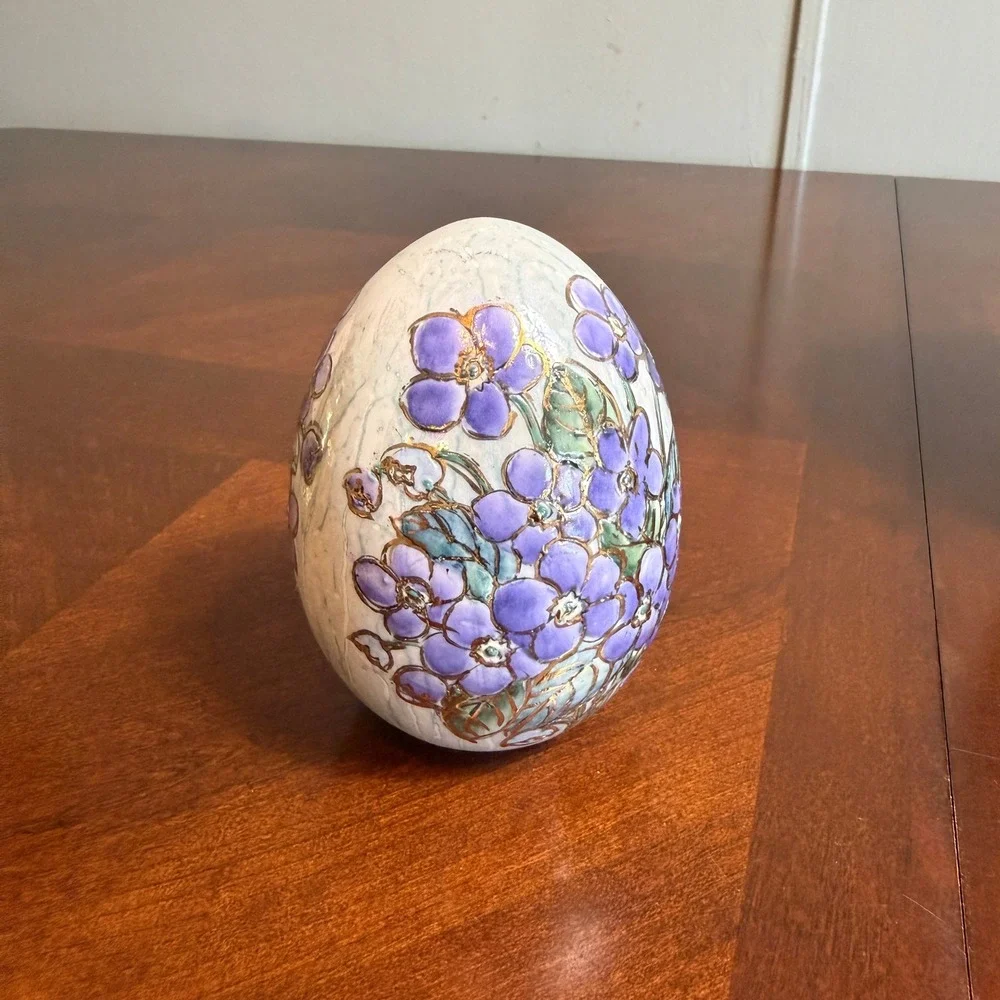 Purple‎ Floral Ceramic Decor Set  Vase Rabbit Egg Gold Trim Chinoiserie